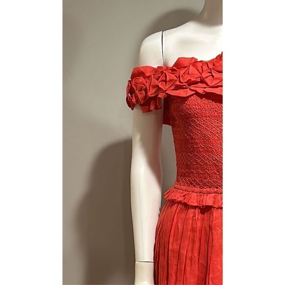 SEA Frida Red Ruffled Off-the-Shoulder Midi Dress Size Small - Picture 10 of 12